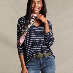 CAbi Ahoy V Neck Striped Top Long Sleeve Size Large Blue & White